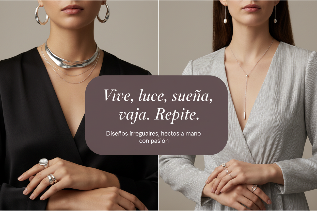 Create a wide homepage slider banner for a minimalist jewelry brand. Show two elegant women models cropped from the nose down so faces are not visible, one on the left in a black top and one on the right in a light silver, pleated, deep‑V dress, both wearing shiny silver necklaces, earrings and rings. In the center, place a rounded rectangular dark mauve card with a soft shadow, containing a main quote in Spanish “Vive, luce, sueña, viaja. Repite” and a smaller subtitle about handcrafted irregular designs t